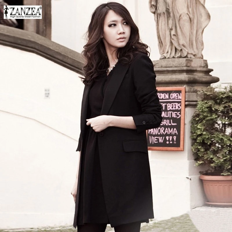 

Women Long Blazers Jackets Zanzea Spring Single Button Casual Solid Black Long Sleeve Blazer Coat Mujer Feminino Longo Plus Size