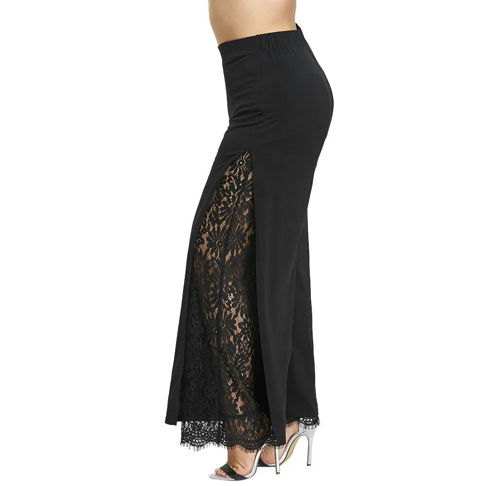 Plus Size Women Summer Wide Leg Pants Casual Loose High Slit Lace Palazzo Pants Women Straight Long Trousers Plus Size Women Summer Wide Leg Pants Casual Loose High Slit Lace Palazzo Pants Women Straight Long Trousers