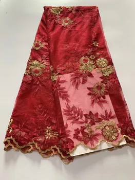 

Fashion African organza Lace Fabric red French Lace Fabric High Quality With flower Nigerian Embroidery cheap Tulle Lace Fabric