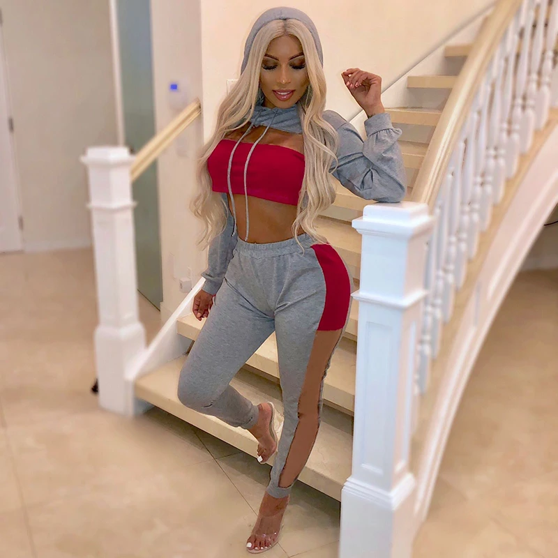 

Sexy TWO PIECE SET Mesh Transparent Crop Top Hoodies Women Tracksuit Clubwear Jogger Pants Twin Urban Clothing Club Outfits Suit