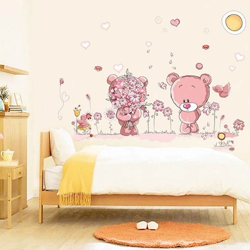 

Cute Pink love bear Flower Cartoon Wall Stickers Baby Children Bedroom Room Decor Wall Stickers Kids Nursery Decal Girl Gift