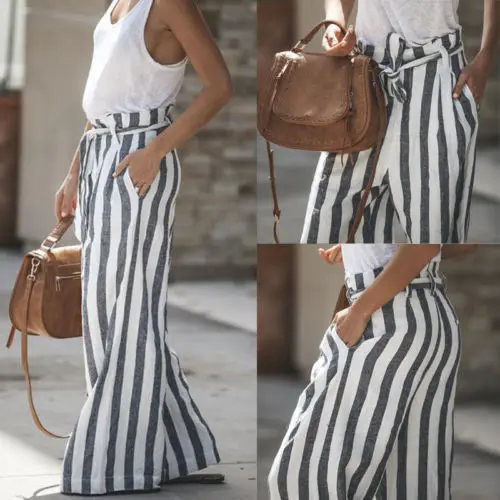 

2019 Fashion Women Office Lady Loose High Waist Wide Leg Flared Pant Trouser Striped Legging PLUS SIZE