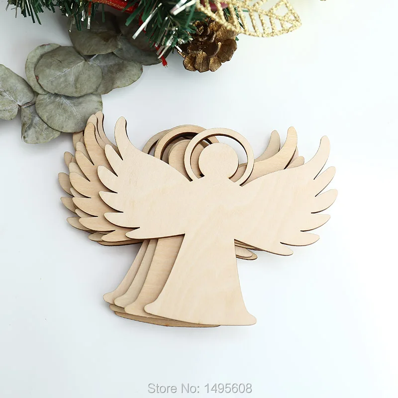 50pcs Blank Unfinished Wooden Angel Christmas Tree Tags With Strings