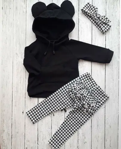 

2019 Toddler Baby Girl Long Sleeve Hooded Tops Ruffle Plaid Pants Outfit Clothes