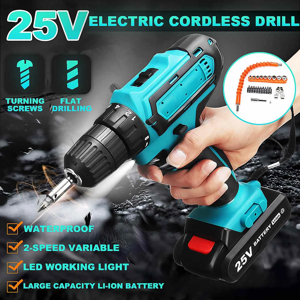 

25V Rechargeable Cordless Electric Drill Screwdriver Wrench Woodworking Power Tools with Screwdriver head Kits