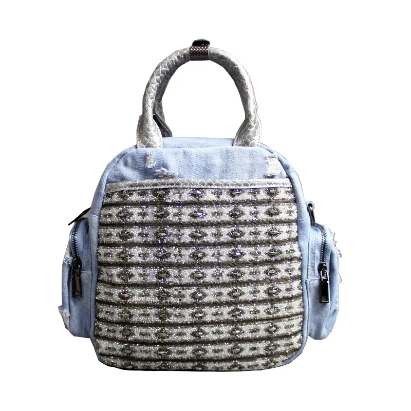 

qian yi yuan Multifunction Tote Bag Denim Bags Women 2019 Luxury Rhinestones Ladies Designer Causal Women Shoulder Bag