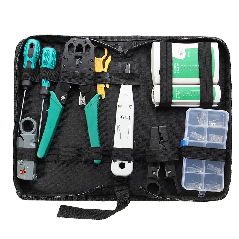 Набор инструментов системного администратора. Инструменты сети. Набор инструментов rj45/rj11 lan тестер/обжим. Набор обжимка и тестер rj45 в зеленом кейсе. Набор инструментов системного администратора.