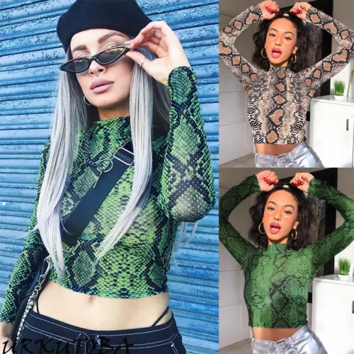 

HIRIGIN Newest Women High Neck See Through T-shirt Sheer Mesh Crop Top Snake Skin Print Tops Tee
