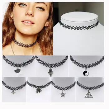

Hot Tattoo Choker Stretch Necklace Black Retro Henna Elastic Boho 90s Gothic fashionable simple In-kind Shooting