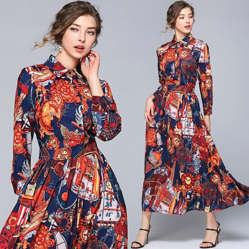 

Quality New 2019 Fashion Designer Runway Maxi Dress Women's Long Sleeve Casual Print Long chiffon Dress maxi long