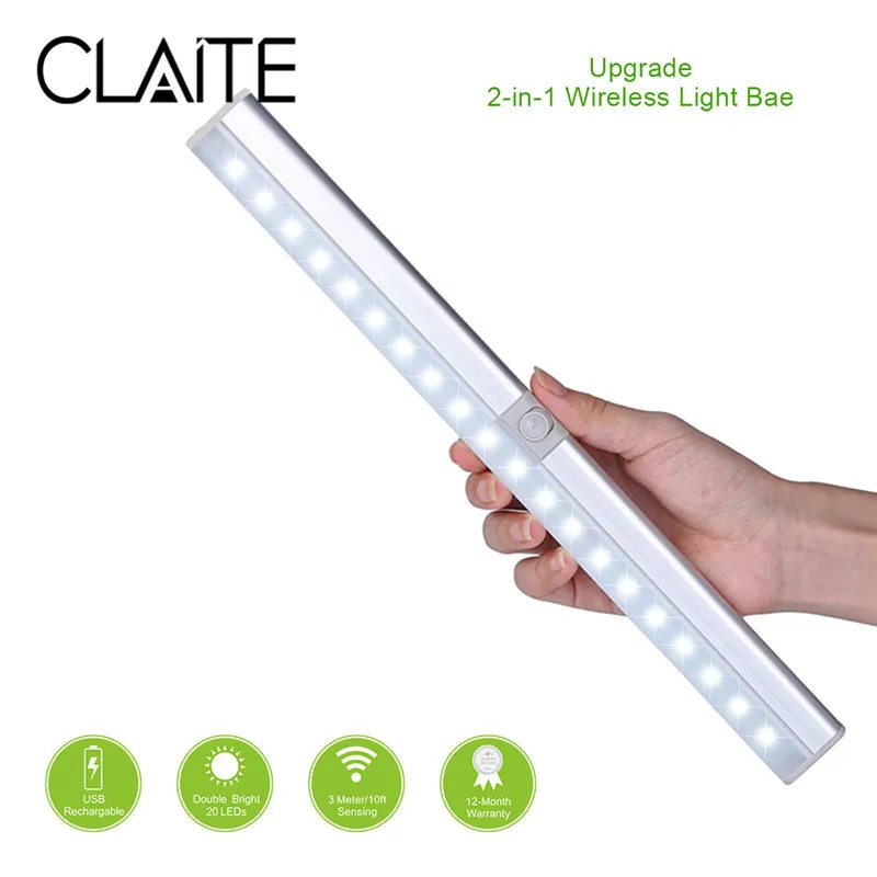 

CLAITE Portable 20 LED USB Rechargeable Light Sensor PIR Mtion Cabinet Closet Light Night Lamp for Kitchen Stairs Wardrobe