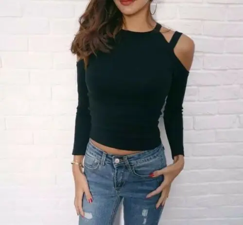 New Women's Fashion Cold Shoulder Long Sleeve Shirts Black Colors Spring Autumn Loose Cotton Blouse Tee Tops New Women's Fashion Cold Shoulder Long Sleeve Shirts Black Colors Spring Autumn Loose Cotton Blouse Tee Tops