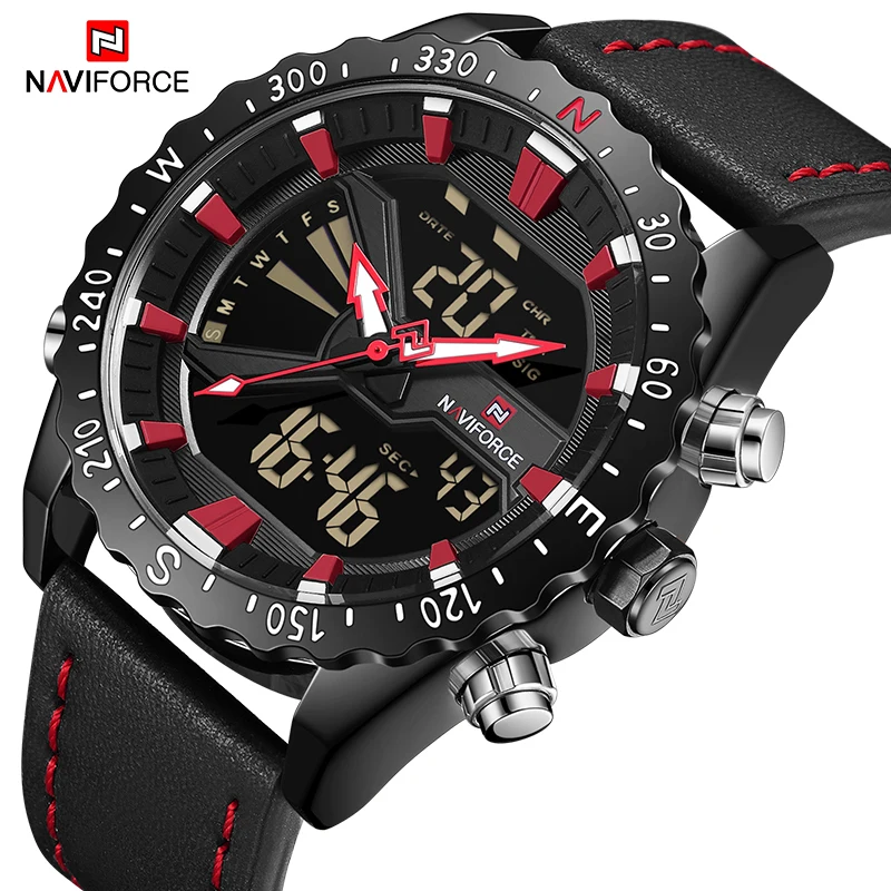 NAVIFORCE мужские спортивные для улицы часы кожаные кварцевые цифровые