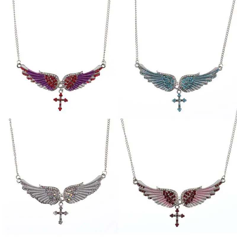 

Angel Wing Crystal Cross Necklaces Long Sweater Chain Women Pendant Jewelry