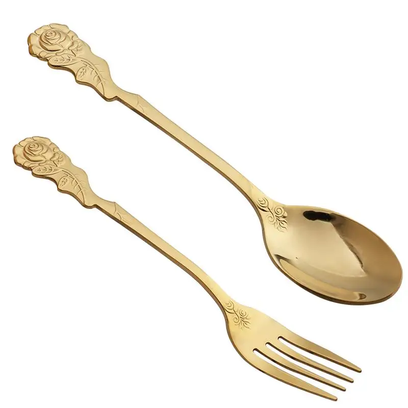 

304 Stainless Steel Durable Utensils Service Fork Spoon Flatware Cutlery Set With Rose Pattern Design For Outdoor Camping