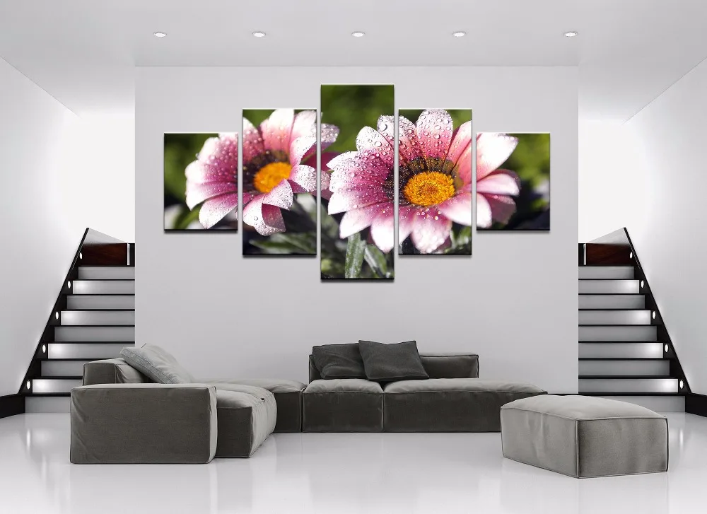 Modern Home Decorative Pictures HD Printed Canvas Painting 5 Pieces Dew Pink Flower Poster For Living Room Wall Art Framework Modern Home Decorative Pictures HD Printed Canvas Painting 5 Pieces Dew Pink Flower Poster For Living Room Wall Art Framework