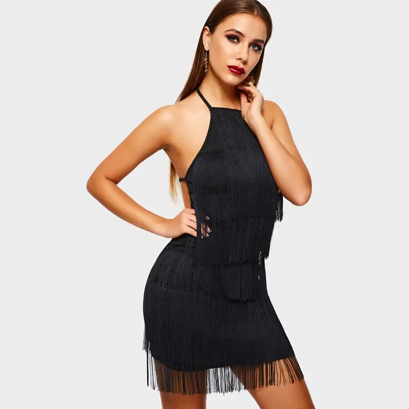 Tassel Halter Short Dress Women Black Sexy Bodycon Summer Sleeveless ...