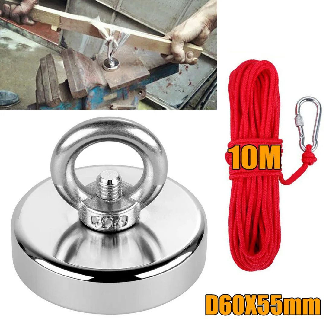 

1pc 110KG 60*55mm Recovery Magnet with Ring Fishing Treasure Hunting Metal Detector Powerful Magnet +10M Rope Red Neodymium iron