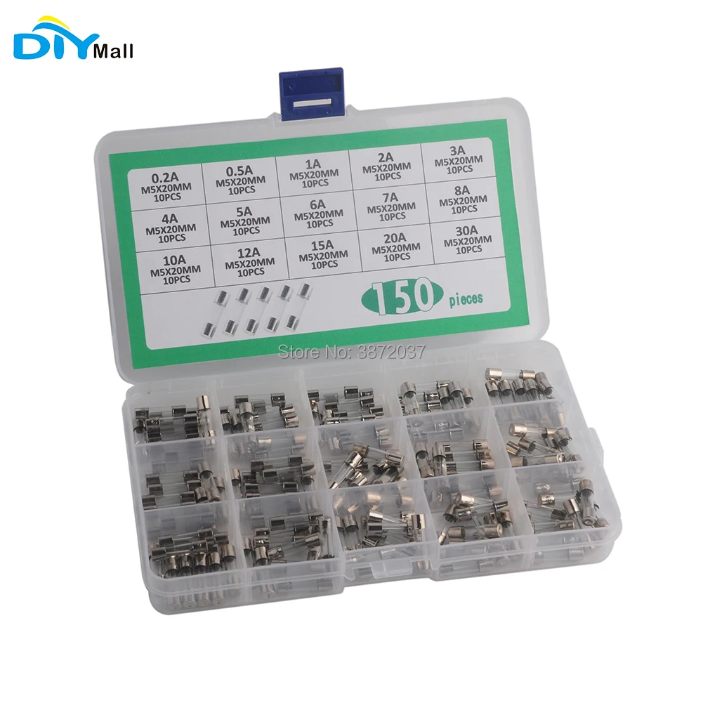 

150pcs DIYmall Fuse Tube Kit 15 Values 10pcs each value 0.2A-30A 250V 5X20MM