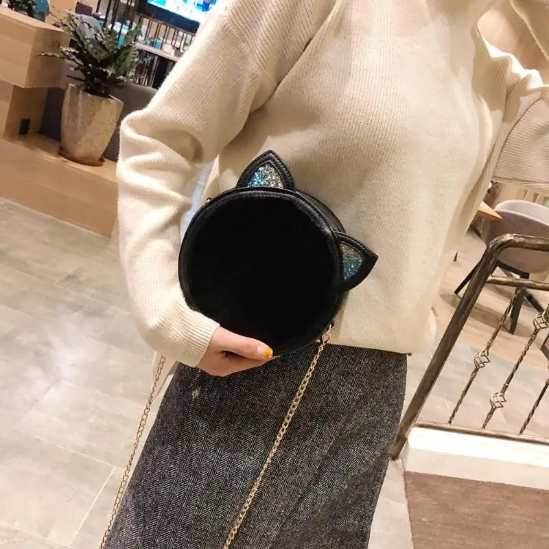 

Women Leather Messenger Shoulder Bags Shiny Cat Ear Chain Crossbody Bag Package Clutch Women Designer Wallet Handbags 2019 New