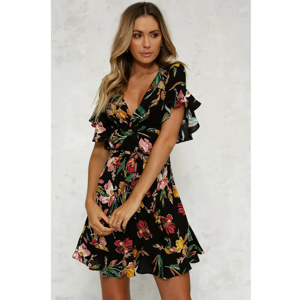 

2019 Summer Women Ruffles Mini Dress Boho Style Floral Print V Neck Beach Tunic Sundress Loose Mini Party Vestidos Plus Size XL