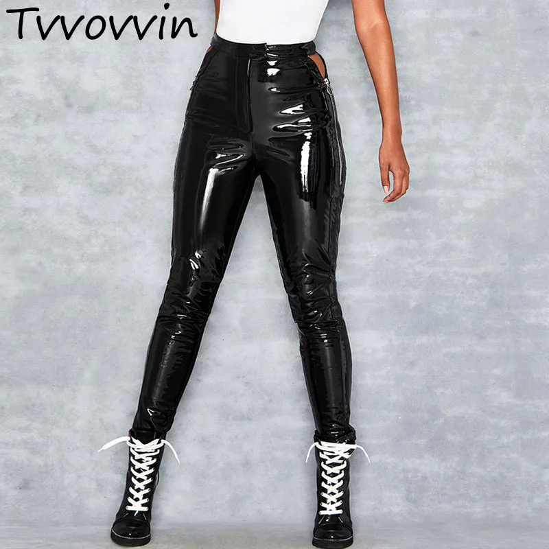 

TVVOVVIN 2019 hot new European and American high waist bright leather skin U slim black solid color tight pants R339