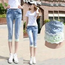 Summer Casual Women Jeans Fashion Capri Skinny Jeans For Woman Ripped Hole Stretch Lace Patchwork Denim Capri Pants white floral lace patchwork denim jeans