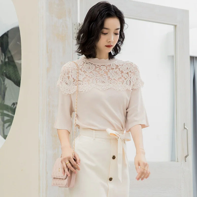 

French retro sweet summer lady sweater hollow out lace stitching knitting shirt women YD213