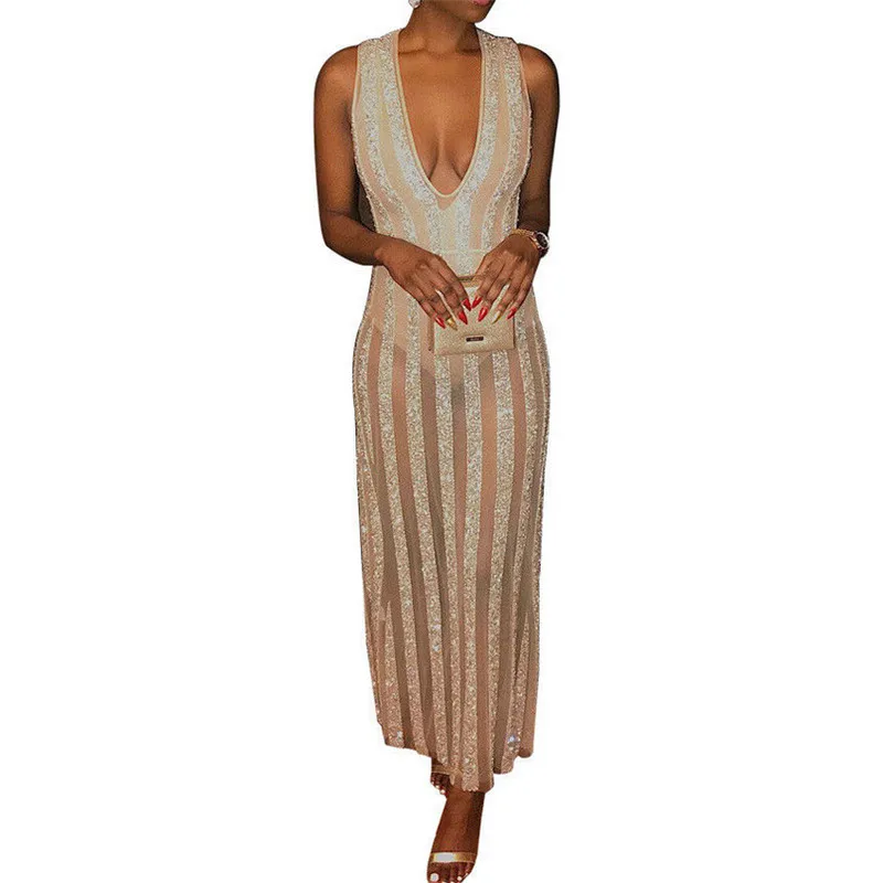 Women's Formal Evening Party Vintage Dress Sexy Deep V-neck Lace Wedding Long Maix Dresses New Ladies Striped Sleeveless Dresses
