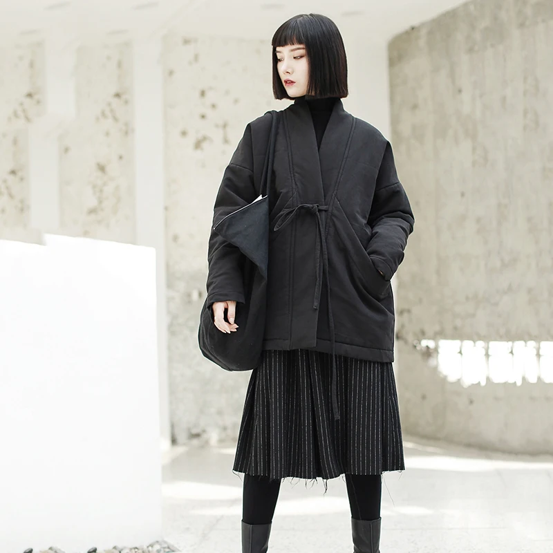 [EAM] 2021 Новинка Весна v образный вырез длинный рукав черный свободный короткий
