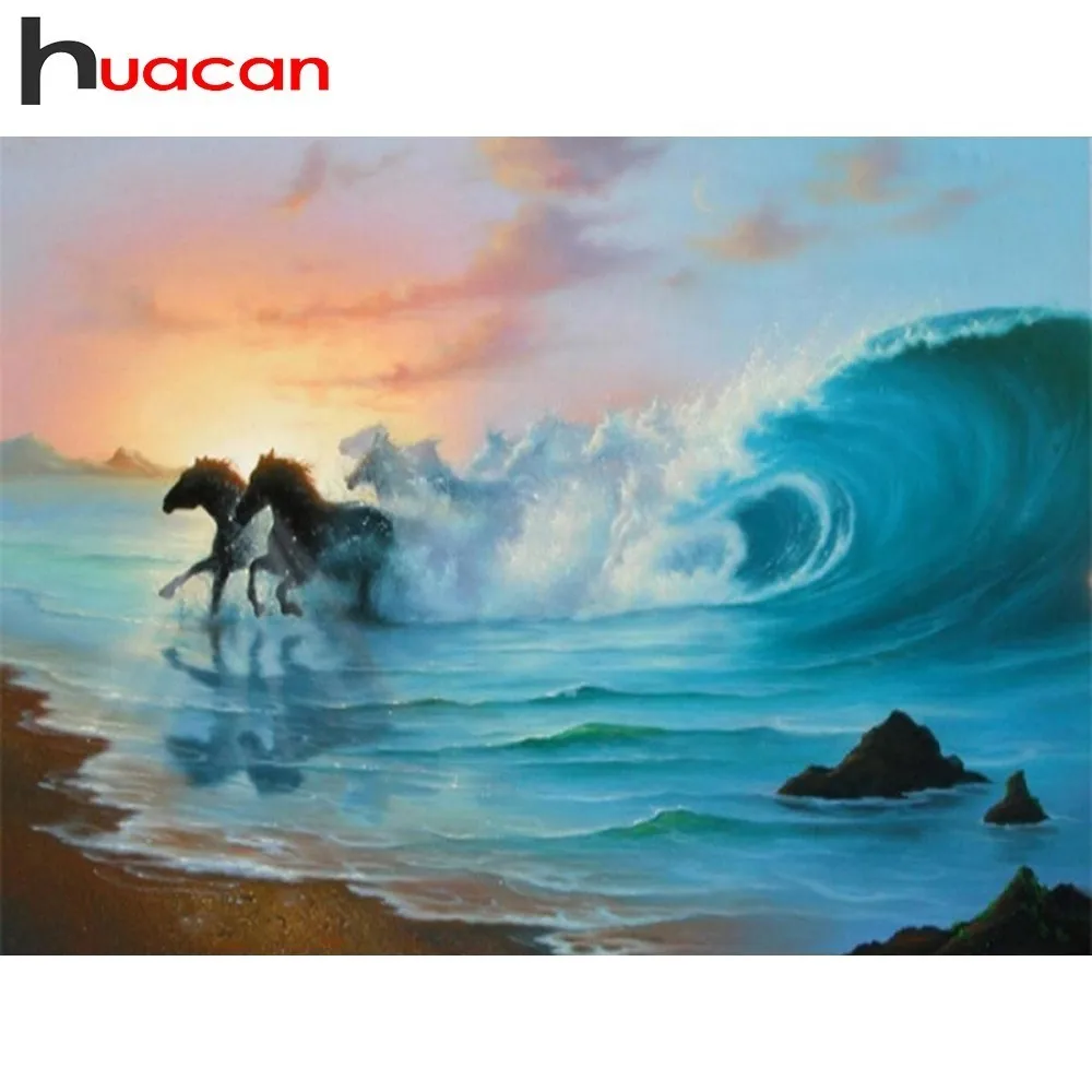 

Huacan Diamond Embroidery Sale Landscape DIY Cross Stitch Diamond Painting Wave Rhinestones Mosaic Horse Square Full Drill