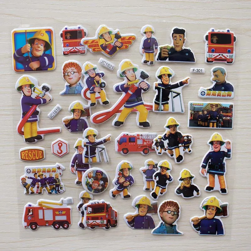

6 pcs Cartoon Fireman Sam stickers for kids Child education rooms Home decor Diary Notebook Label toy 3D Fire truck sticker