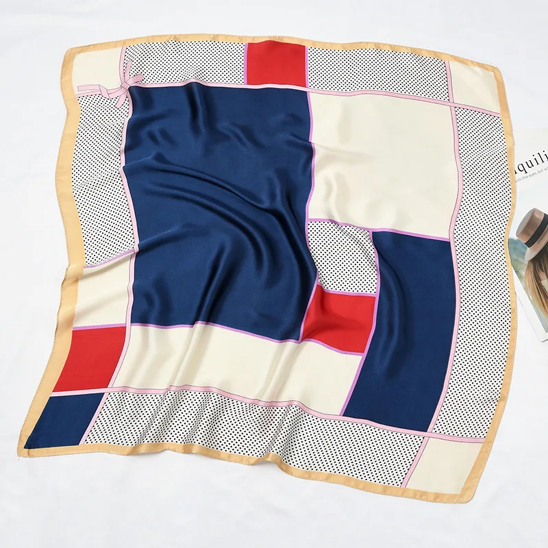 70*70Cm Patchwork Dot Square Silk Feel Satin Scarf Spain Luxury Brand Women Head Skinny Hair Tie Band Small Kerchief Wrap Snood
