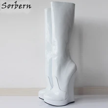 Женские ботинки пикантные сапоги до колена на очень высоком каблуке 18 см, на танкетке 3 см, на платформе, с острым носком, на молнии сбоку