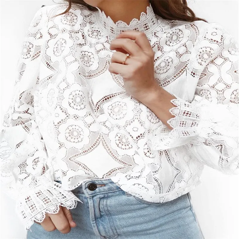 

Elegant Women Ladies Solid Lace Tops Hallow Long Sleeve Formal White T Shirt Spring Summer Tops
