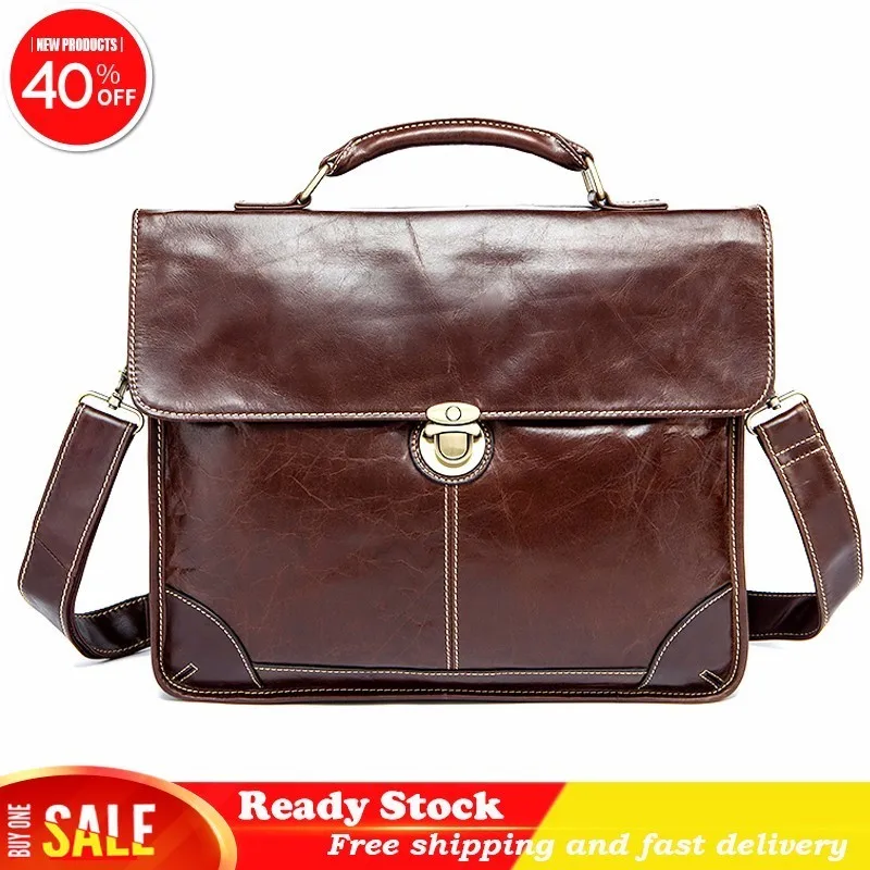 

Luxury handbag brand New fashion Men's Bag For Men Documents Genuine Leather Briefcase 14'' Laptop Totes Hasp Messenger Business