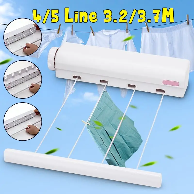 

4 Lines Wall Mounted Clothes Hanger Dryer Hanger Clothesline Outdoor Laundry Washing Line Drying Rack For Tie Coat Towel 3.2m