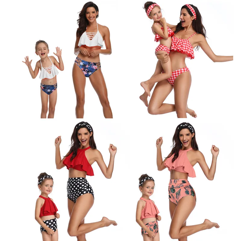 

2019 New Mommy and me swimsuit Leaf Print Ruffled Mother Daughter matching swimsuits Summer Bikini mae e filha Placa mae