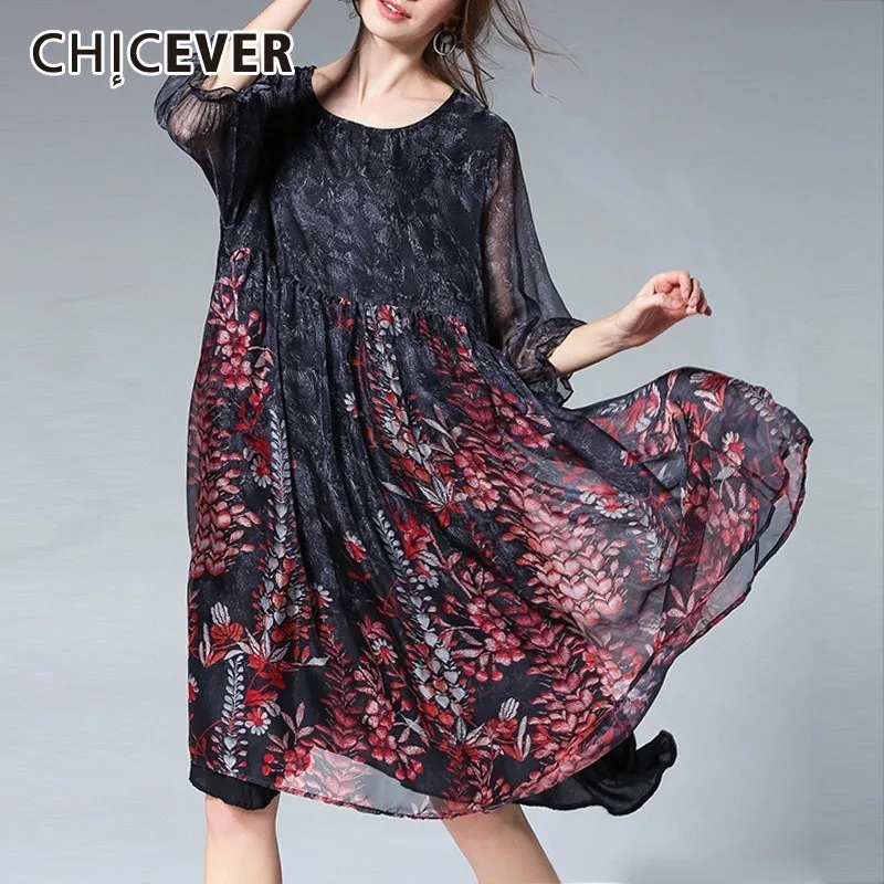 

CHICEVER Spring Casual Print Chiffon Women Dress O Neck Puff Wrist Sleeve Loose Puls Size A-line Knee-length Dresses 2019 New