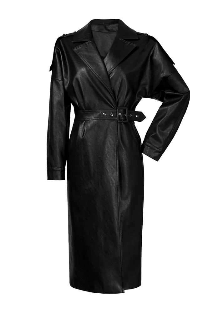 [EAM] 2019 Spring Woman Purple Color Long Sleeve Turn-down Collar Adjustable Waist Long High Waist PU Leather Caot LD856