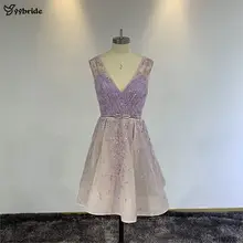 Yyневесты на Реальный Пример красивые дешевые платья для выпускного цена акционные образцы Специальное предложение Бисероплетение v-образным вырезом коктейльные мини-платья