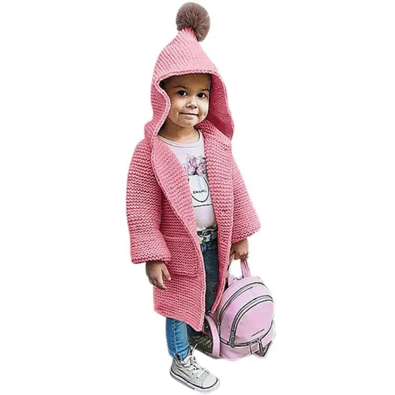 Детская однотонная трикотажная Длинная Верхняя одежда с капюшоном; теплое зимнее пальто для новорожденных девочек; куртка; детский вязаный свитер; От 2 до 7 лет одежда