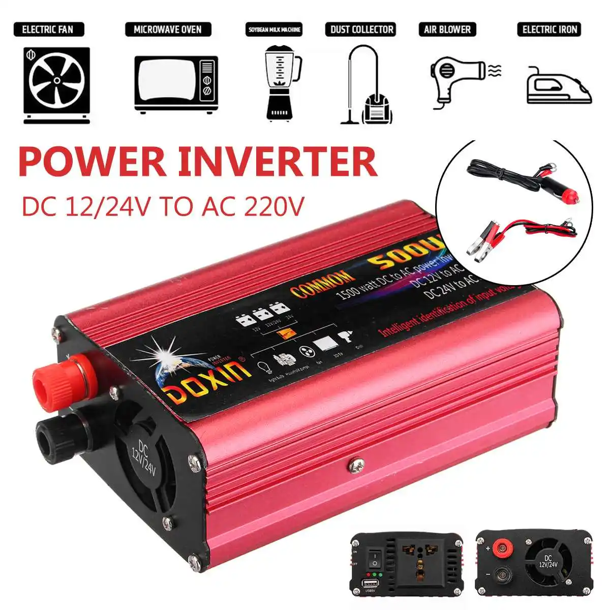 

DOXIN Car Power Inverter 1000W Modified Sine Wave Inverter Converter DC 12V/24V To AC 220V USB Plug Port Car Accessories