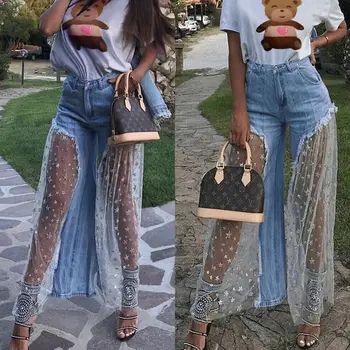 

New Women Fashion Charm Casual Destroyed Split Joint Lace Tulle Fit High Waist Pants Trousers
