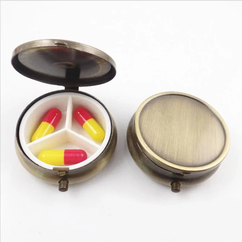 

16pcs/lot Metal Round Ancient bronze Pill Boxes Holder 3 Grids Medicine Case Small Portable Container Splitters Personal MR065
