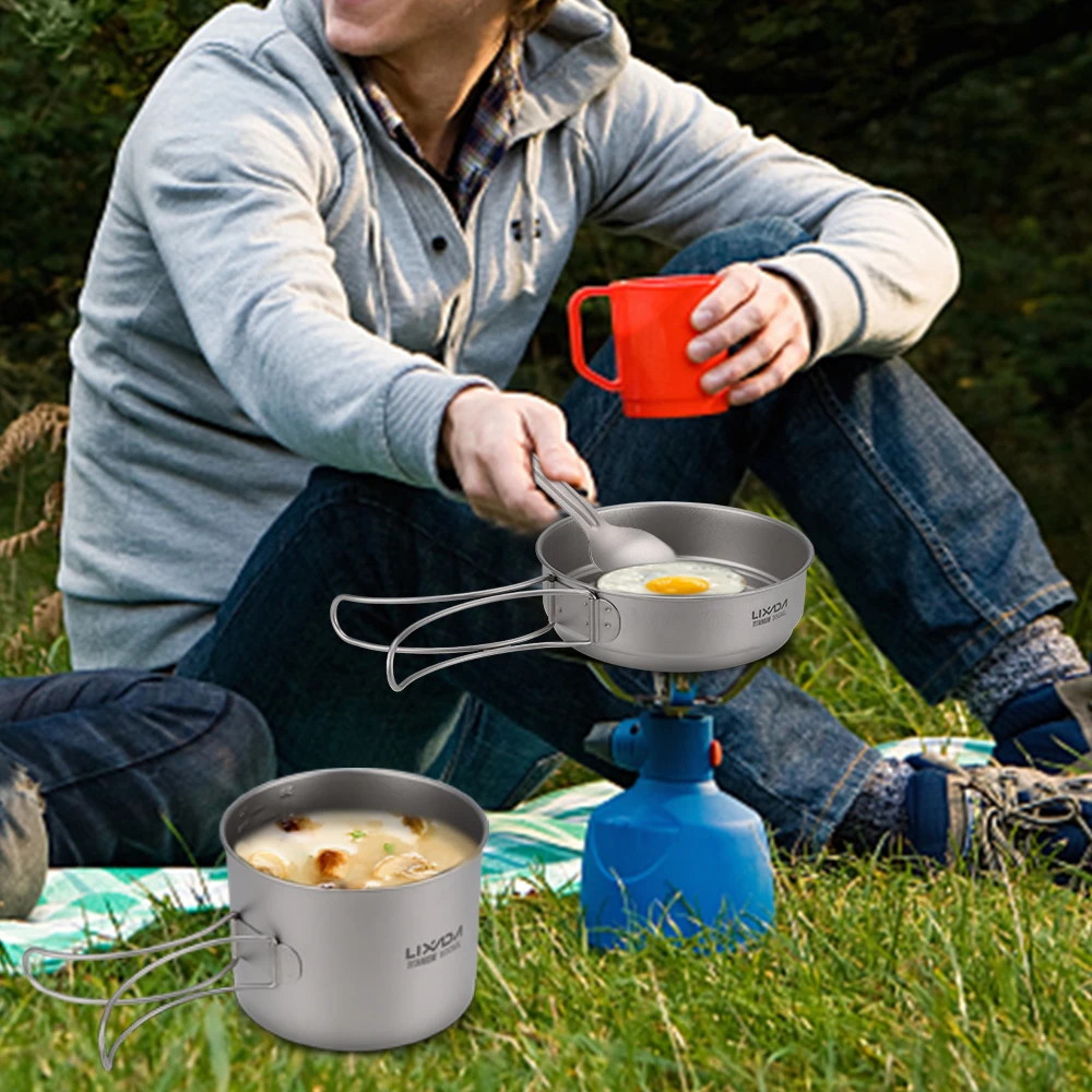 Lixada ultraligero de titanio Cookset Camping al aire libre de utensilios de cocina 900 ml olla y 350 ml sartén con asas plegables