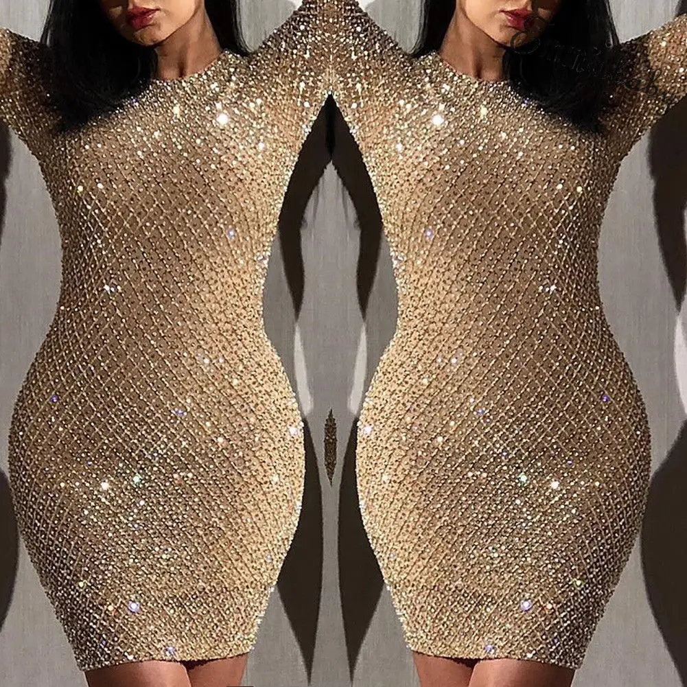

Women Sexy Sequined Dress Long Sleeve Tassel Bling Bodycon Party Evening Mini Dress 2019
