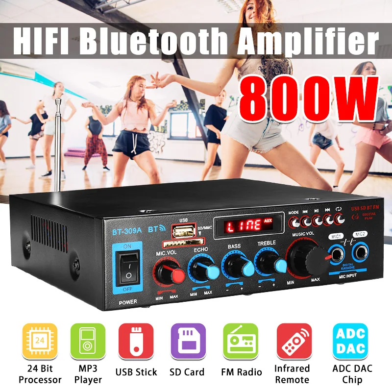 

800w bluetooth Amplifier 110V/220V DC 12V AUX input USB SD Home Theater Amplifiers Car Amplifiers Audio Power Amplifier