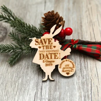 

Personalized rabbit save the date,custom Wooden SAVE THE DATE Fridge Magnets alice wedding white rabbit