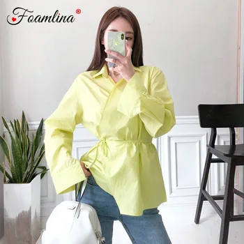 

Foamlina Casual Women Shirt 2019 New Spring Summer Turn Down Collar Long Sleeve Waistband Loose Shirt Female Tops